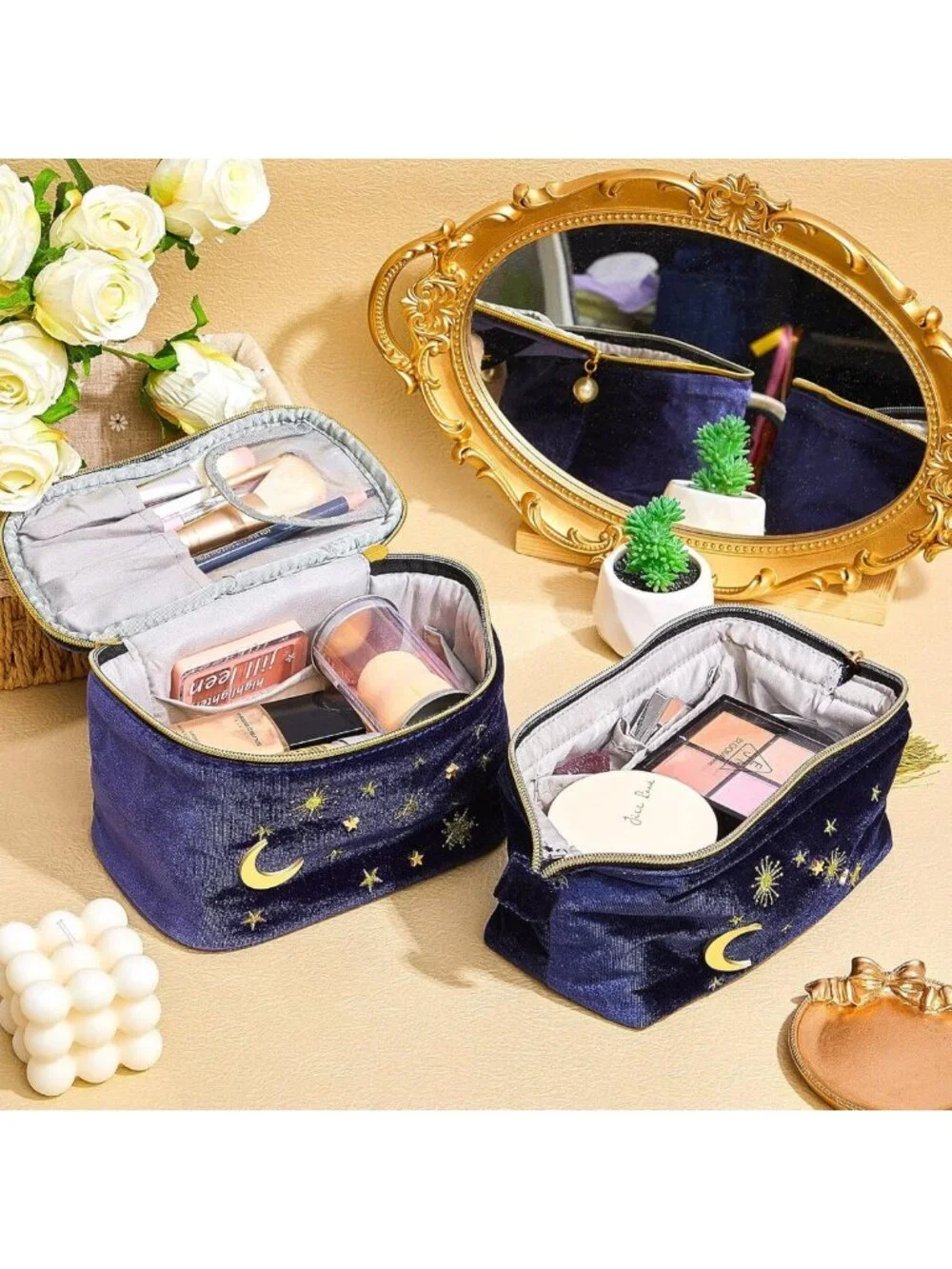 2 Pcs Velvet Cosmetic Bags - Moon & Stars Embroidered Travel Pouches for Women